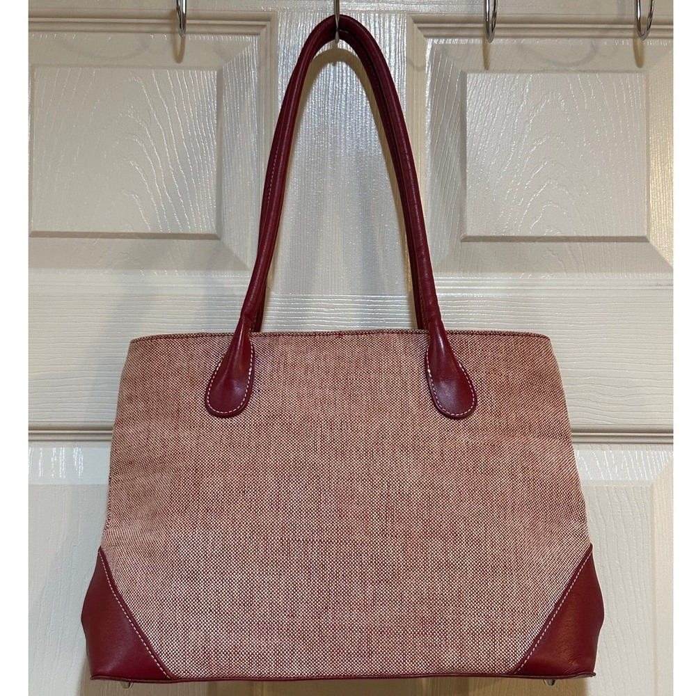 Woven Canvas and Burgundy Leather Trim Tote Bag Shoulder Purse Red White